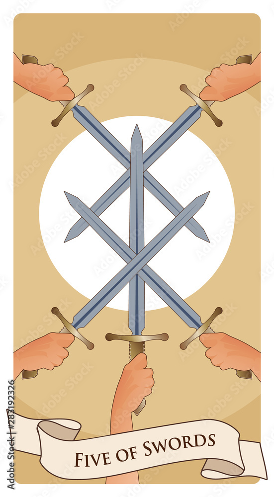 Five of swords. Crossing five swords on a symbolic image of the