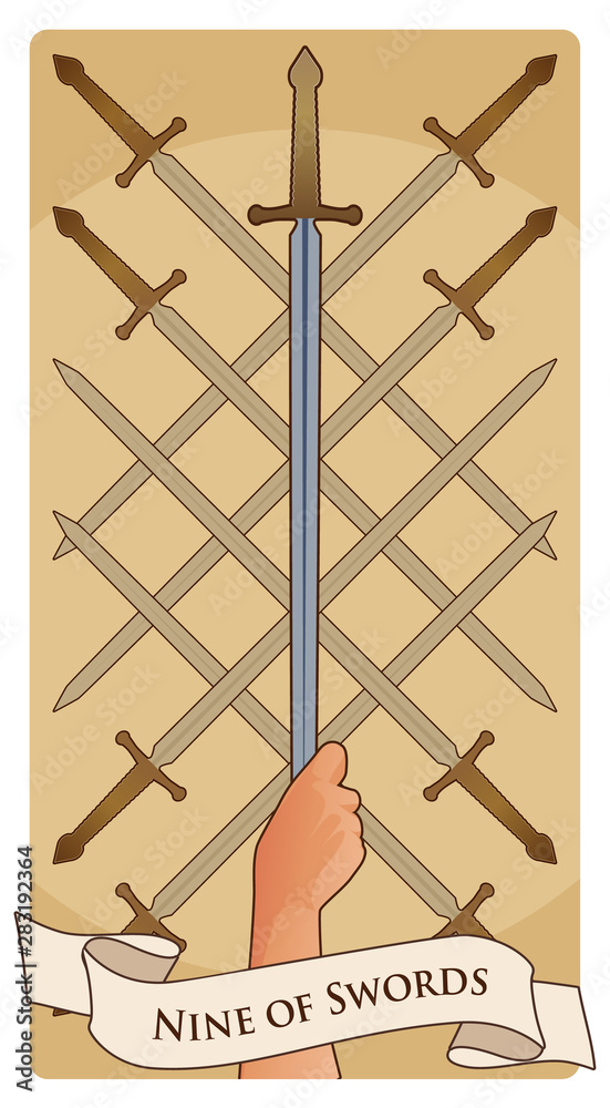 Nine of swords. Tarot cards. Eight crossed swords and a hand grasping a  sword tip Stock Vector