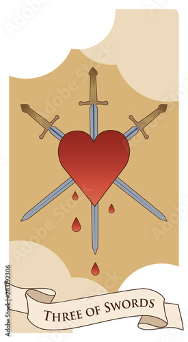 Three of swords. Heart pierced by three swords on clouds background. Blood drops.