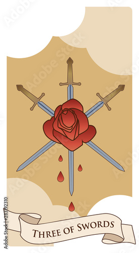 Three of swords. Rose pierced by three swords on clouds background. Blood drops.