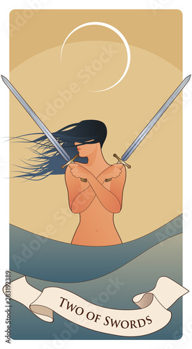 Two of swords. Tarot cards. Wind-haired woman with two swords crossed over her chest, in the sea under the crescent moon.