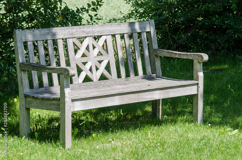 Wooden bench in park. Green plants around bench. Tranquil place for relaxation. Wooden bench in park. Green plants around bench. Tranquil place for relaxation.