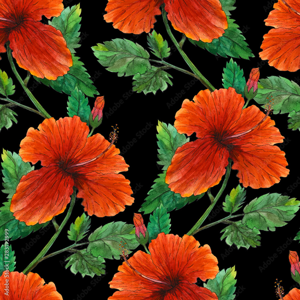 Fototapeta premium Watercolor original painting of red hibiscus seamless pattern
