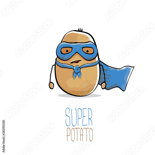 vector funny cartoon cute brown super hero potato with blue hero cape and hero mask isolated on white background. My name is potato vector concept. super vegetable food character