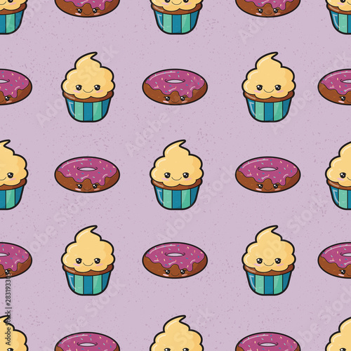 Purple kawaii cake seamless pattern print background