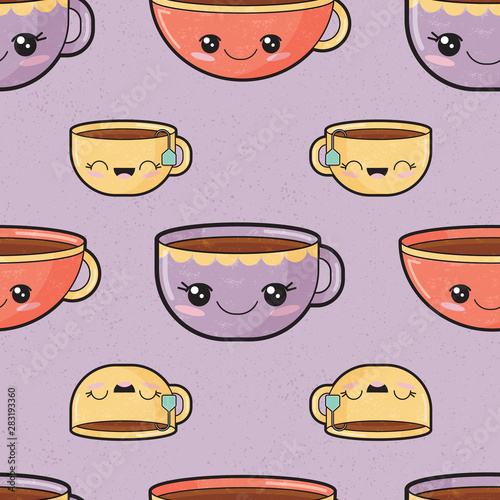 Purple kawaii cups seamless pattern print background