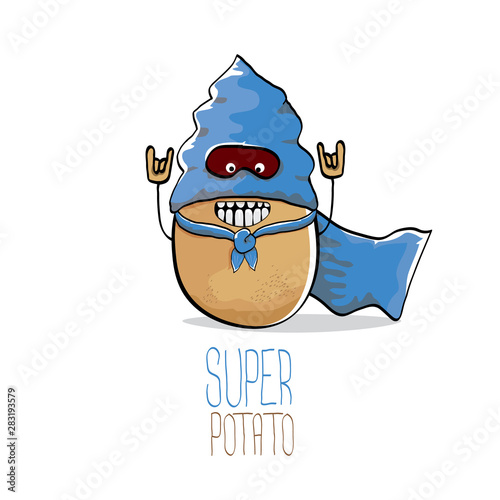 vector funny cartoon cute brown super hero potato with blue hero cape and hero mask isolated on white background. My name is potato vector concept. super vegetable food character