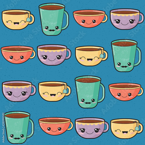 Blue kawaii cups seamless pattern print background