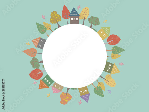 Circle frame of houses, trees and birds