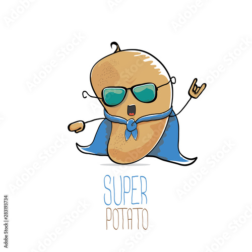 vector funny cartoon cute brown super hero potato with blue hero cape and hero mask isolated on white background. My name is potato vector concept. super vegetable food character