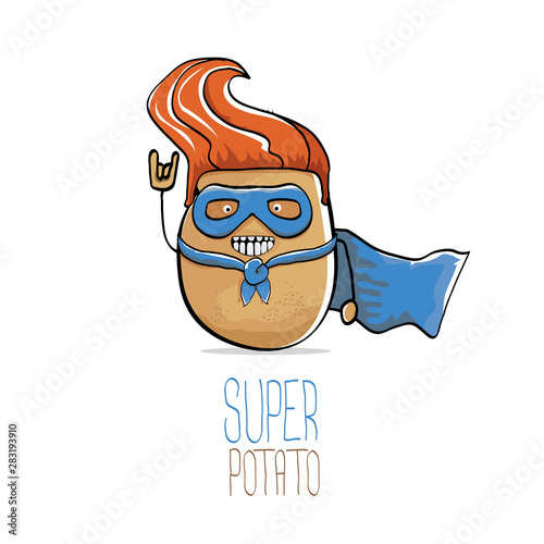 vector funny cartoon cute brown super hero potato with blue hero cape and hero mask isolated on white background. My name is potato vector concept. super vegetable food character