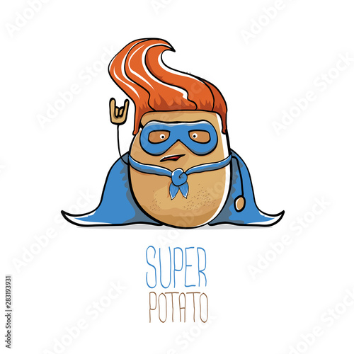 vector funny cartoon cute brown super hero potato with blue hero cape and hero mask isolated on white background. My name is potato vector concept. super vegetable food character