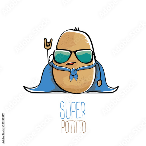vector funny cartoon cute brown super hero potato with blue hero cape and hero mask isolated on white background. My name is potato vector concept. super vegetable food character