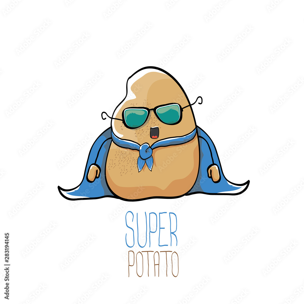 Fototapeta premium vector funny cartoon cute brown super hero potato with blue hero cape and hero mask isolated on white background. My name is potato vector concept. super vegetable food character
