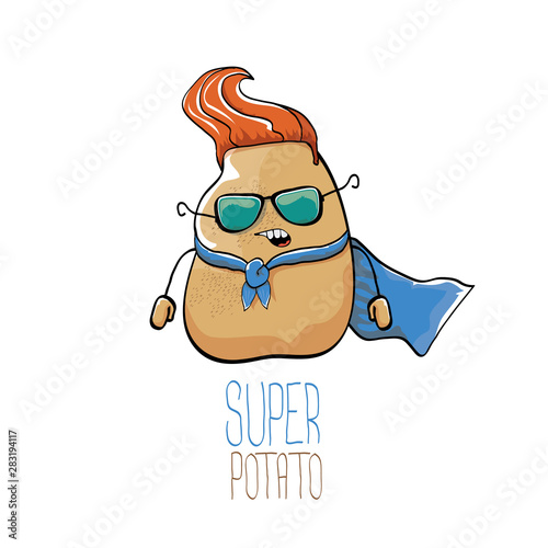 vector funny cartoon cute brown super hero potato with blue hero cape and hero mask isolated on white background. My name is potato vector concept. super vegetable food character