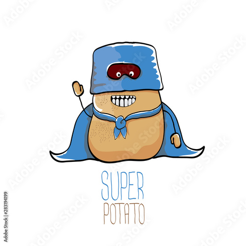 vector funny cartoon cute brown super hero potato with blue hero cape and hero mask isolated on white background. My name is potato vector concept. super vegetable food character