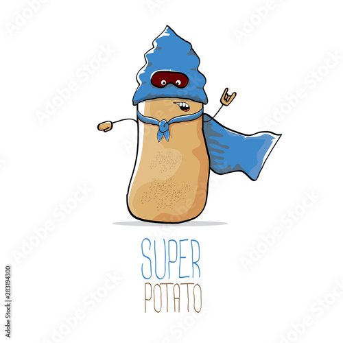 vector funny cartoon cute brown super hero potato with blue hero cape and hero mask isolated on white background. My name is potato vector concept. super vegetable food character