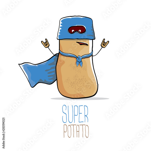 vector funny cartoon cute brown super hero potato with blue hero cape and hero mask isolated on white background. My name is potato vector concept. super vegetable food character