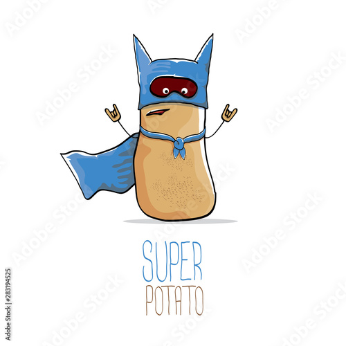 vector funny cartoon cute brown super hero potato with blue hero cape and hero mask isolated on white background. My name is potato vector concept. super vegetable food character