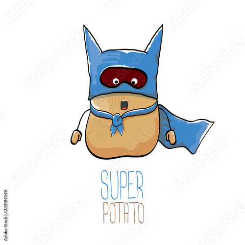 vector funny cartoon cute brown super hero potato with blue hero cape and hero mask isolated on white background. My name is potato vector concept. super vegetable food character