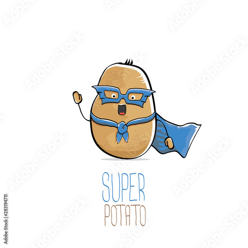 vector funny cartoon cute brown super hero potato with blue hero cape and hero mask isolated on white background. My name is potato vector concept. super vegetable food character