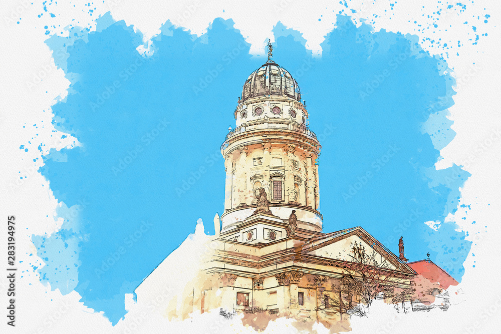 Obraz premium Watercolor sketch or illustration of French Cathedral or Franzoesischer Dom in Berlin, Germany.