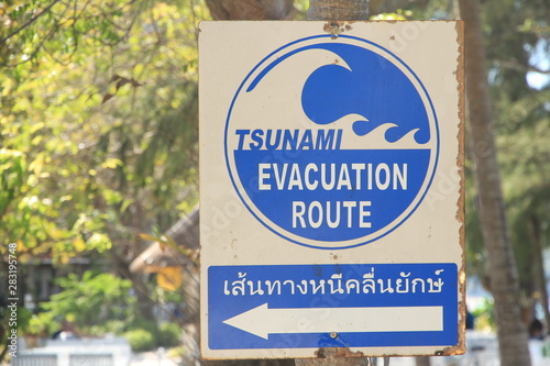 Tsunami Evacuation Route Sign at Patong Beach, Phuket, Thailand