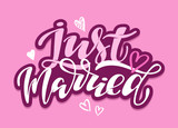 Just Married - cute hand drawn doodle lettering poster banner for invitation, banner