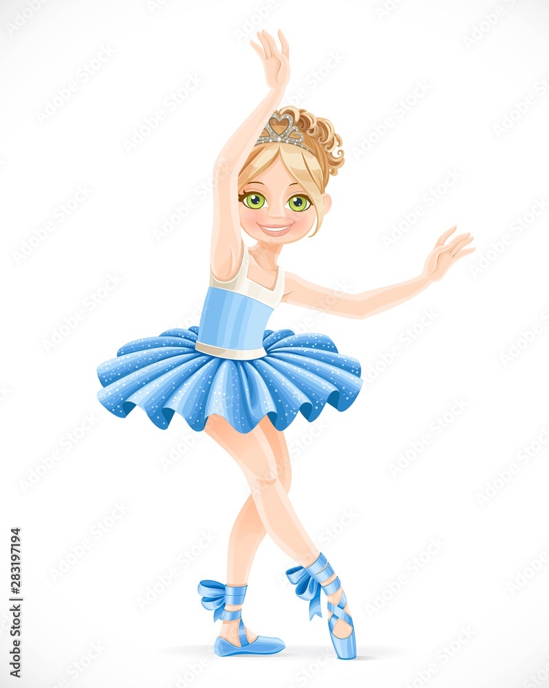 Fototapeta premium Ballerina girl with a diadem in hair in blue dress dancing isolated on white background
