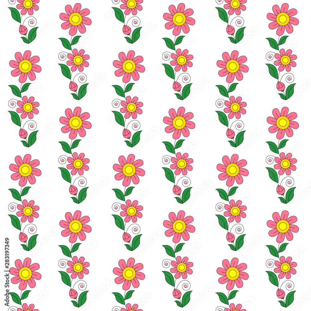 Pink flowers and leaves on a white background, seamless pattern.