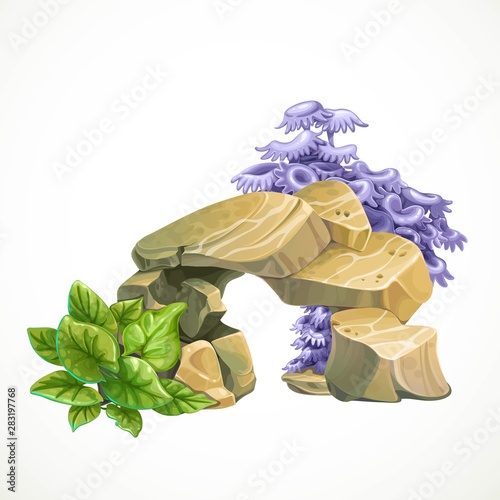 Sandstone with anemones with green algae for aquarium decoration or as a separate element isolated on white background