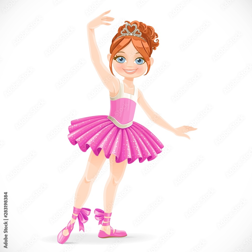 Cartoon ballerina girl in pink dress dancing on a white background Stock  Vector | Adobe Stock