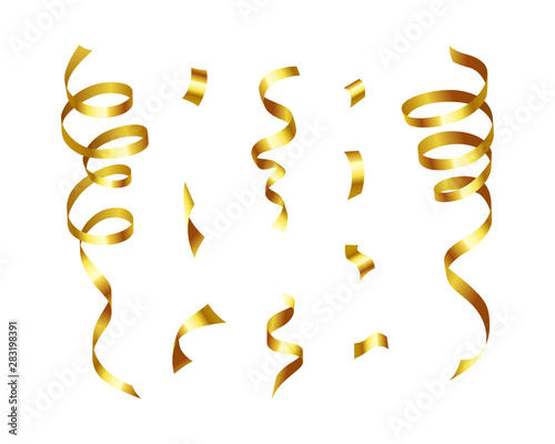 Set of realistic golden confetti and twisted ribbon objects. Shiny festive serpentine isolated. New year and Christmas luxury decoration. Anniversary celebration vector illustration.