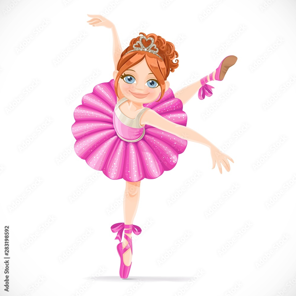 Ballerina girl in pink dress dancing on one leg isolated on a white background Ballerina girl in pink dress dancing on one leg isolated on a white background