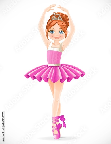 Ballerina girl with a diadem in hair dancing on toes isolated on white background