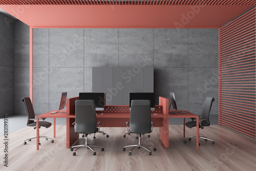 Gray and red office interior