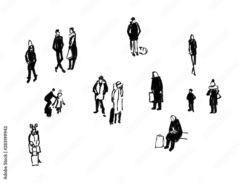People with bags and suitcases at the station. Waiting hall. Black and white sketch. People with bags and suitcases at the station. Waiting hall. Black and white sketch.