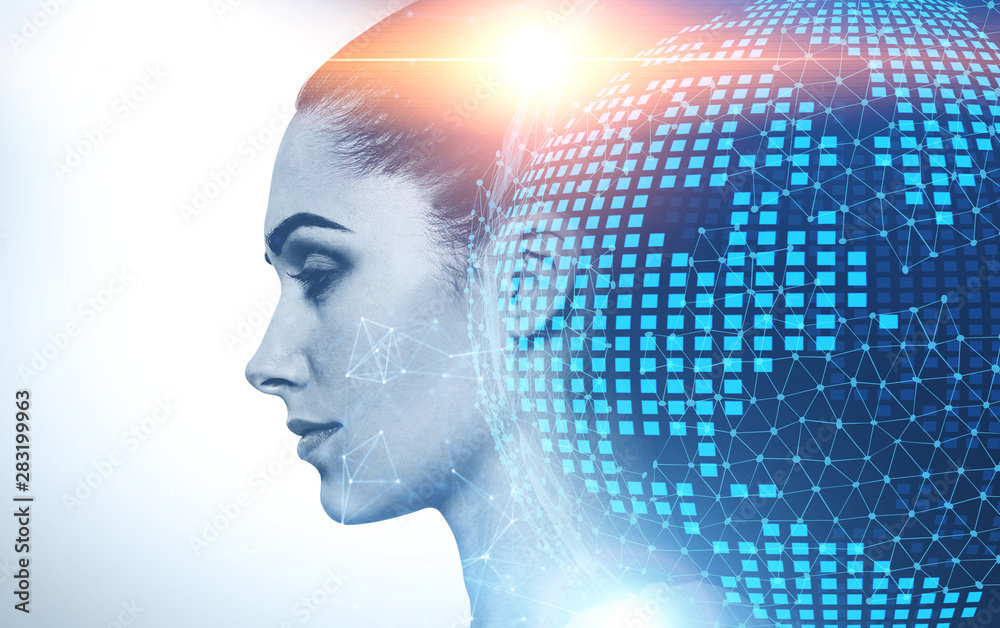 Serious woman and global network interface Serious woman and global network interface