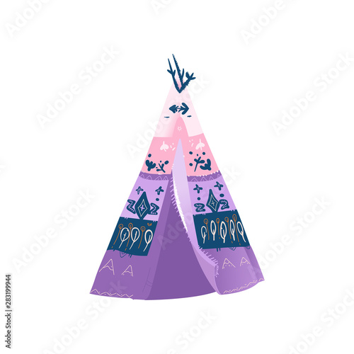Pink and purple wigwam or teepee traditional historic house of American Indians.