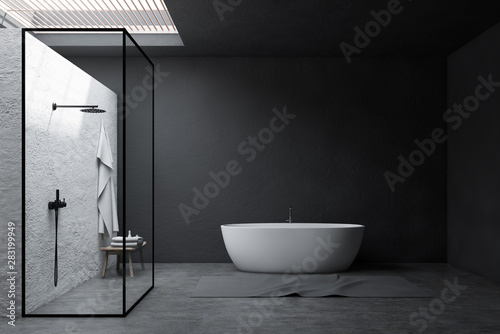Gray bathroom interior, shower and tub photo