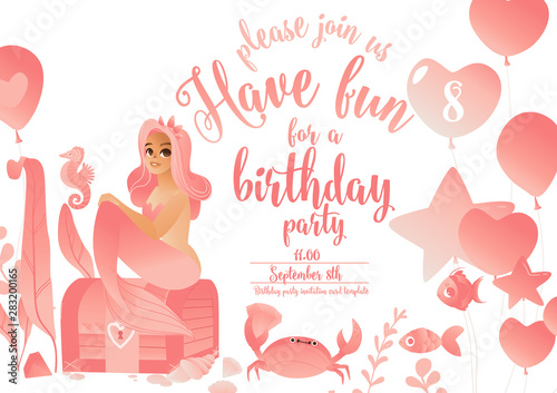 Cute mermaid and sea life images for invitation card vector illustration isolated.