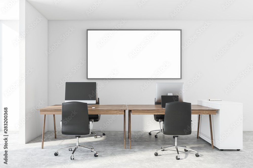 White office interior with horizontal poster White office interior with horizontal poster