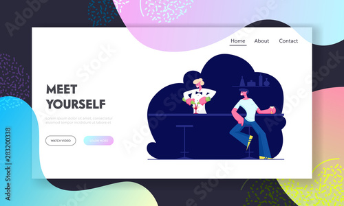 Man Visiting Night Club Website Landing Page. Male Character Sit at Chair Drink Beverage on Bar Counter with Barman Making Cocktail in Restaurant Web Page Banner Cartoon Flat Vector Illustration