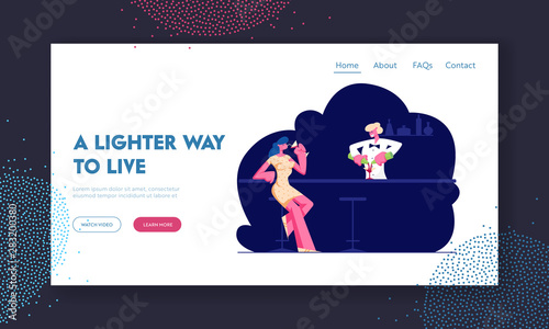Woman Visiting Night Club Website Landing Page. Female Character Sit at Chair Drink Beverage on Bar Counter with Barman Making Cocktail in Restaurant Web Page Banner Cartoon Flat Vector Illustration
