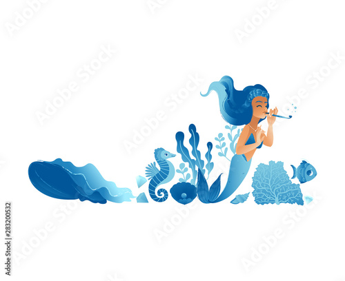 Blue hand drawn mermaid girl with sea animals