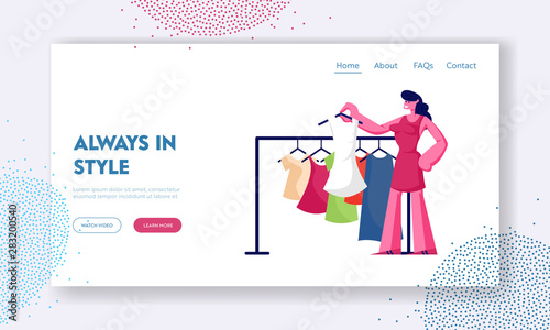 Young Woman Choosing Fashioned Dress in Store Website Landing Page. Girl Buying Garment Standing near Hanger. Female Character Shopping Spare Time Web Page Banner. Cartoon Flat Vector Illustration