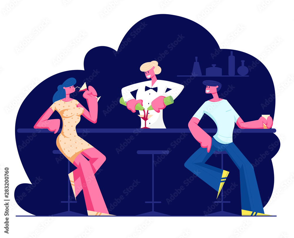 People Visiting Night Club Concept. Male and Female Characters Sit at High Chairs Drinking Beverages on Bar Counter with Barman Making Cocktail in Modern Restaurant Cartoon Flat Vector Illustration. People Visiting Night Club Concept. Male and Female Characters Sit at High Chairs Drinking Beverages on Bar Counter with Barman Making Cocktail in Modern Restaurant Cartoon Flat Vector Illustration.