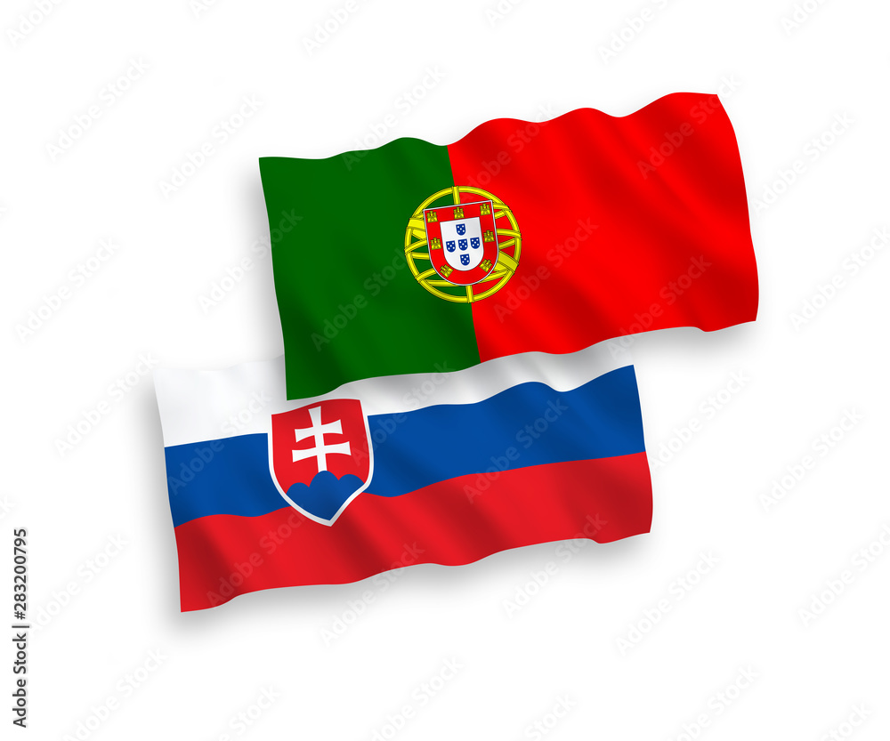 National vector fabric wave flags of Slovakia and Portugal isolated on white background. 1 to 2 proportion.