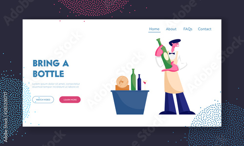 Wine Degustation Website Landing Page. Man Professional Expert Sommelier Character Presenting Wine Bottle for Tasting Alcohol Drink, Beverage Features Web Page Banner. Cartoon Flat Vector Illustration
