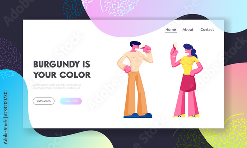 Wine Degustation Process Website Landing Page. Man and Woman Holding Wineglasses Tasting Alcohol Drink. Customers or Sommelier Trying Beverage Features Web Page Banner Cartoon Flat Vector Illustration
